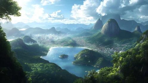 Emerald mountains cradle a sunlit bay where city lights dream