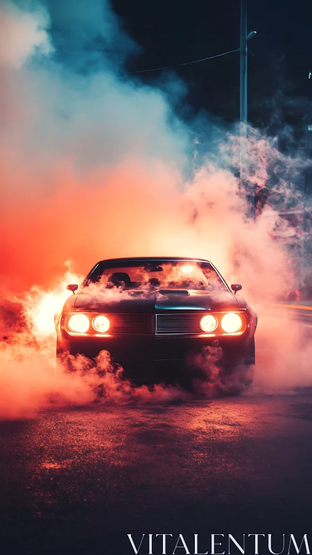 Muscle car blazes through neon smoke on a dark city street