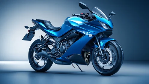 Electric blue sportbike poised like a chrome thunderbolt.
