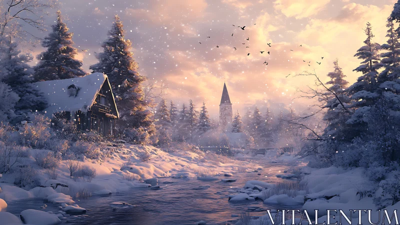 Snowy riverside cabin stands before distant church tower