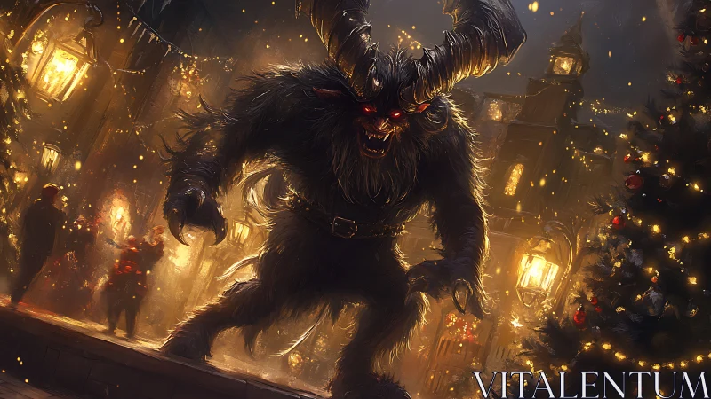 Krampus entity disrupting high-luminance festive streetscape.