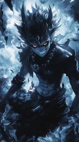 Stormlit demon warrior in a surge of icy blue power.