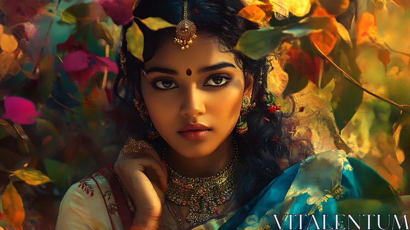 Indian woman in jeweled sari amid glowing autumn foliage.