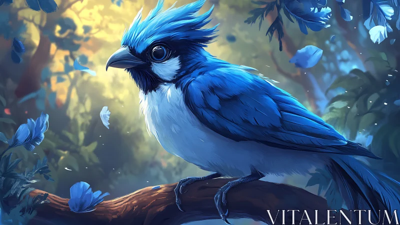 Vibrant blue jay perched in a dreamy, painterly forest scene.