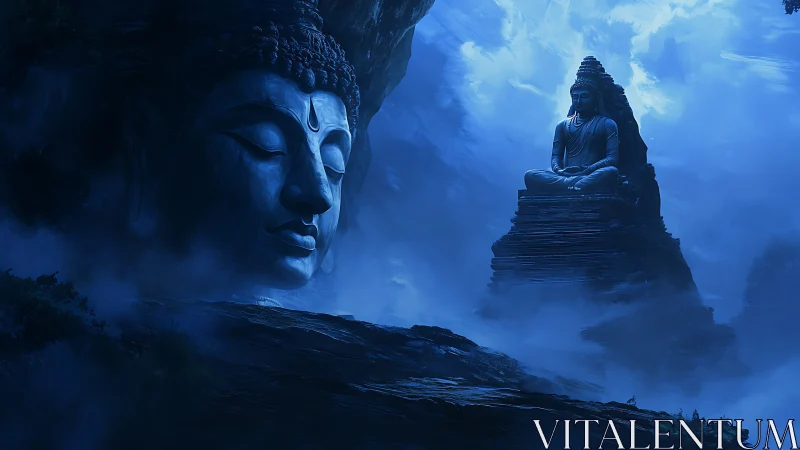Moonlit mountain dreams cradle twin Buddhas in blue silence