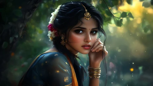 Digital portrait of contemplative woman in bokeh forest light.