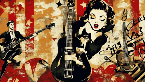 Pop-art rock montage with guitars, vocal iconography, and grunge texture.