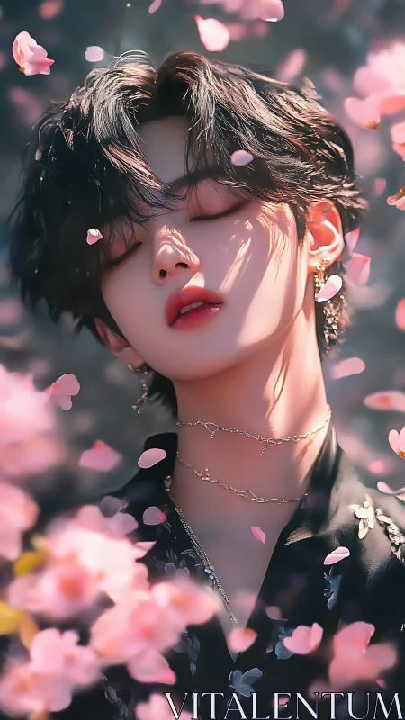 Digital portrait of youth amid pink cherry blossom petals.
