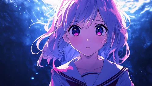 Underwater anime schoolgirl portrait with bioluminescent lighting