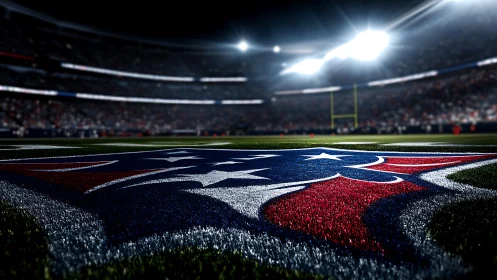 Glowing football field under stadium lights on game night.