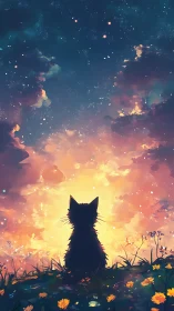 Silhouetted Cat Beneath Luminous Sunset Sky.