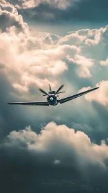 Single propeller warbird aligned on central axis in dramatic clouds
