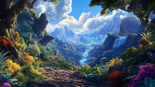 Luminous valley trail winding through dreambright mountainscape.