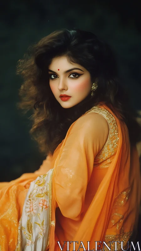Portrait of woman in orange sari with cinematic soft focus.