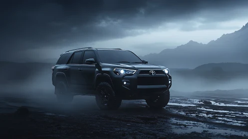 Dark SUV traverses misty off-road landscape under moody sky