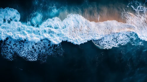 Vertical aerial view of shoreline waves meeting sand.