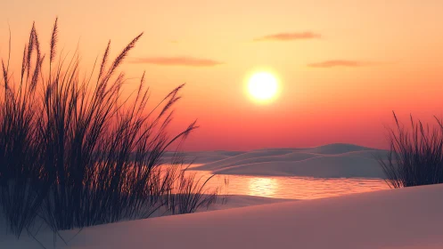 Desert lagoon sunset reflects over soft pastel dunes.