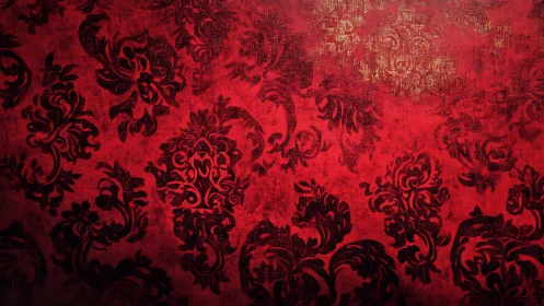 Red damask wallpaper with distressed ornamental pattern.