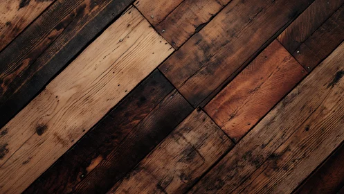 Rustic reclaimed wood planks in diagonal layout, natural tones.