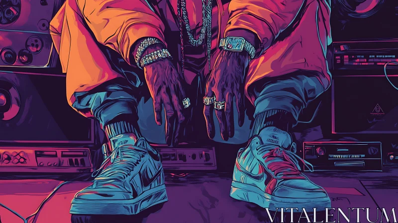 Streetwear figure seated above audio gear in neon palette