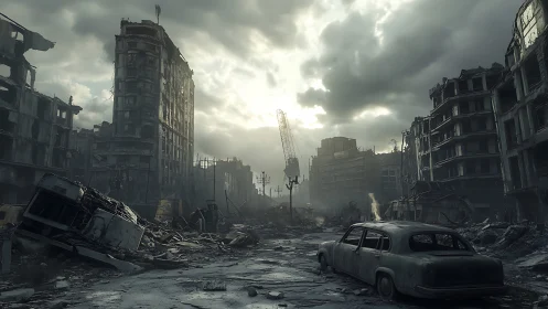 Ruined city street with wrecked buildings and abandoned car.