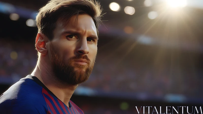 Focused footballer studies pitch under warm stadium light