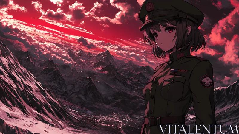 Anime officer under blood red sky above harsh mountains.