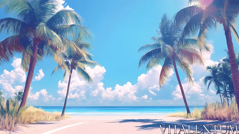 Tropical Paradise Coastal View with Palm Trees and Serene Ocean.