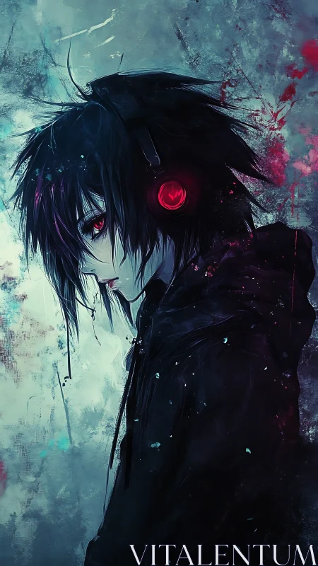 Brooding anime boy in headphones against grungy neon wall.