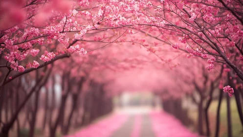 Photorealistic cherry blossom tunnel with soft depth of field.