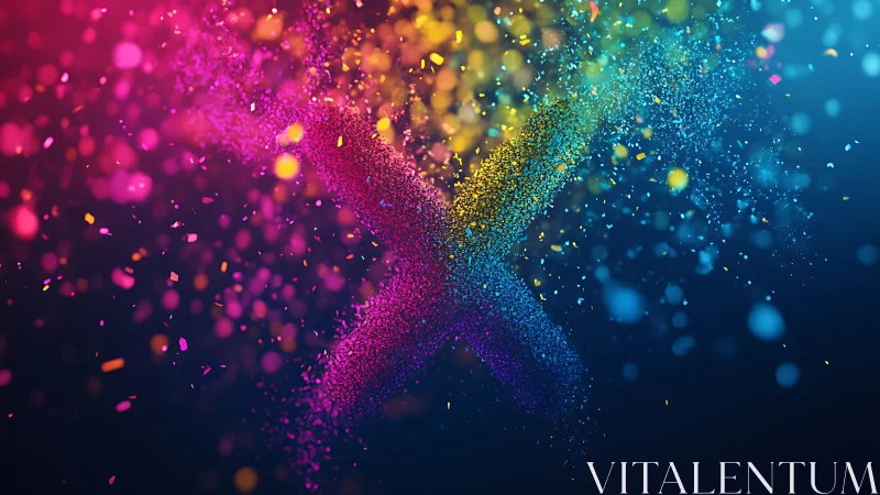 Vibrant particle X explodes across deep gradient background.