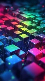 Multi-colored reflective cubic structures form a vertical grid