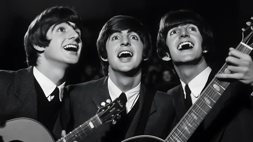 Three young guitarists singing together in close harmony