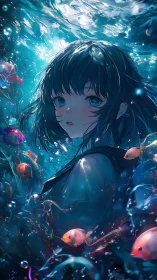 Quiet girl drifting in a glowing, dreamlike underwater world.