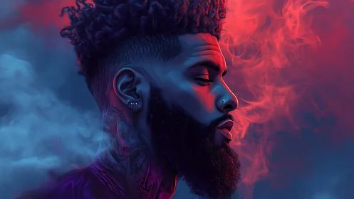 Profile portrait shows man in neon smoke with vivid lighting