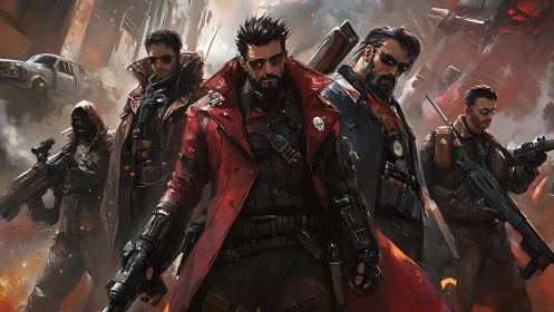 Heavily armed cyberpunk squad advances through burning urban ruins