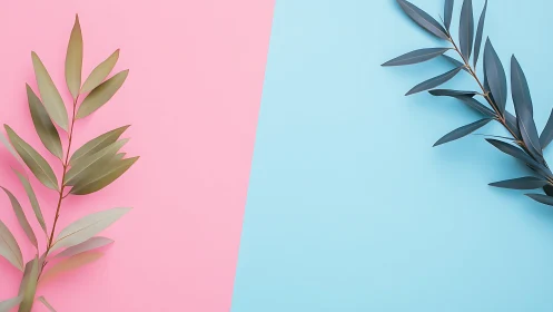 Contrasting eucalyptus leaves rest on pink and blue backdrop