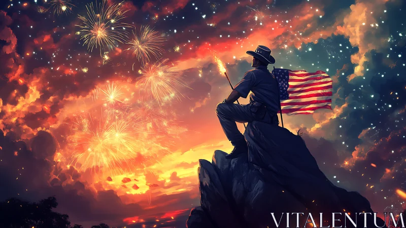 Patriotic figure on summit watching fireworks at sunset sky.