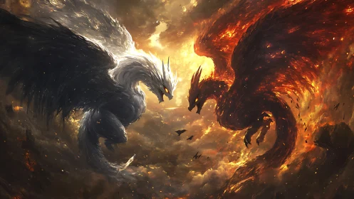 Two elemental phoenixes clash in a storm of fire and light.