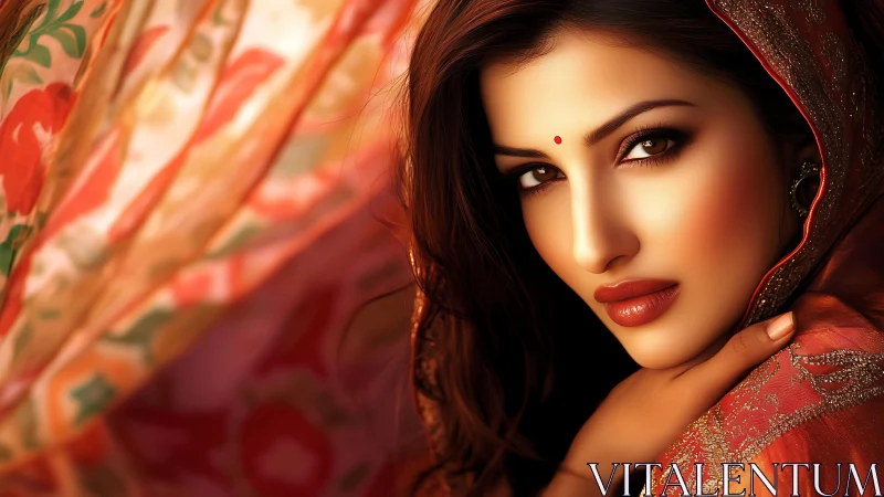 Portrait shows woman in red traditional attire with direct gaze