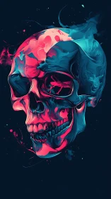 Neon blue and pink skull digital art on dark background.