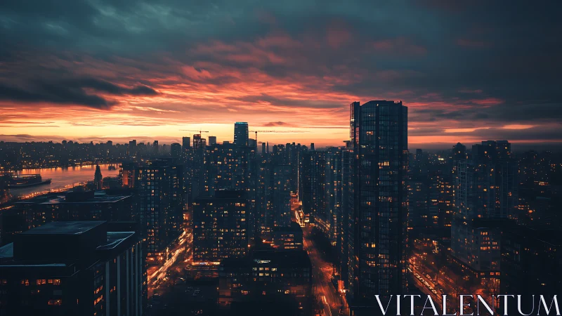 Dense city skyline shows illuminated towers under sunset sky