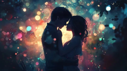 Silhouetted couple with bokeh light effects and chromatic gradient rendering