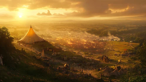 Sunlit medieval festival camp spread across wide valley