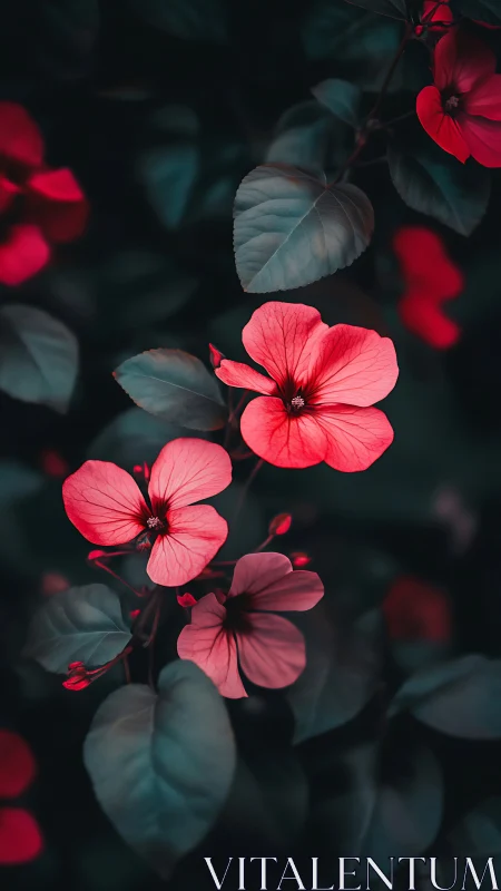 Red Flowers with Blue Leaves in Moody Light