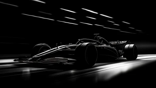 Monochrome Formula racing car under directional tunnel lighting
