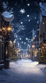 Snow covered night street with festive lights and décor.