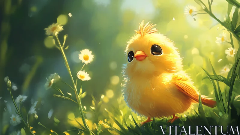Soft golden chick rests among sunlit meadow flowers.