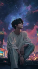 Dreamy rooftop wanderer under a glowing cosmic sky.