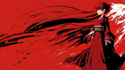 Scarlet kimono figure stands amid dynamic black strokes.